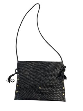 Leather handmade Black Woven Crossbody Bag with Tassel Accents